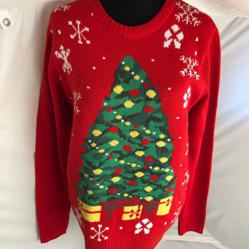 JEM vintage red multicolor long sleeve crew neck Christmas Tree sweater M